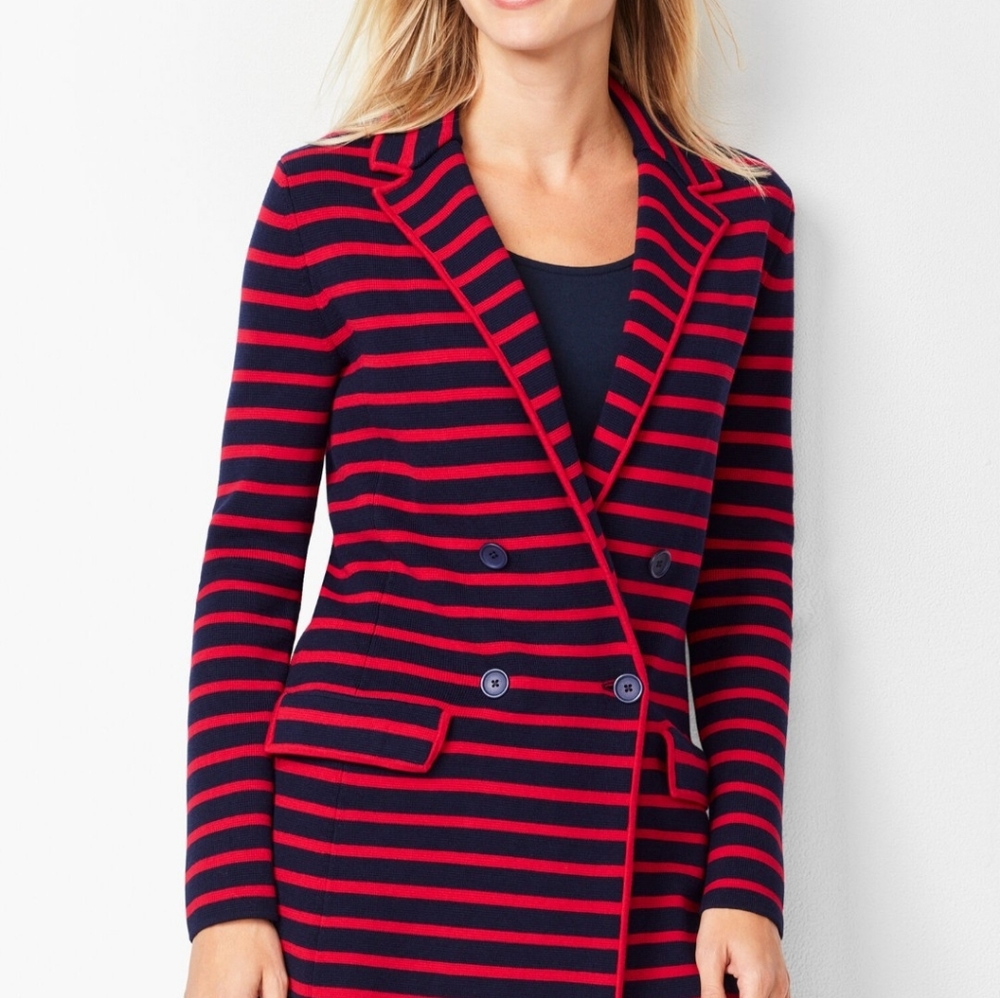Talbots Stripe Red Navy Blazer Jacket Medium Petite MP - Picture 2 of 6